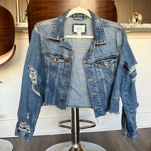 Cropped Distressed Denim Jacket with Rips